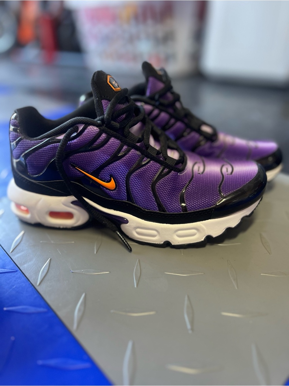 3Y Nike Purple and Black Athletic Sneakers with Orange Swoosh